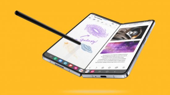 Best stylus phone: The Samsung Galaxy Fold 5 is shown against a yellow background