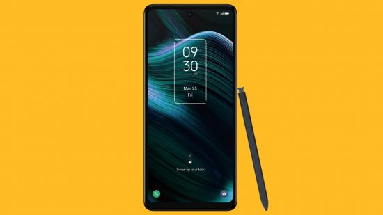 Best stylus phone: The TCL Stylus 5 is shown against a yellow background