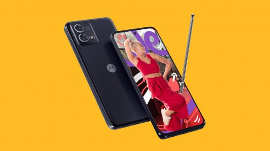 Best stylus phone: The Motorola Moto G 5G is shown against a yellow background