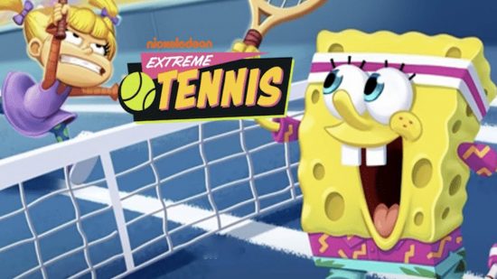 Best tennis games: Nickelodeon Extreme Tennis. Image shows the game's logo and a tennis match between SpongeBob and Angelica.
