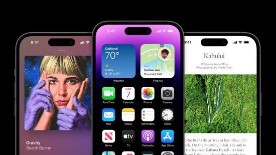 One of the best Verizon phone deals, an iPhone 14 Pro, showing three different screens -- a woman on the left, the Home Screen in the centre, and an article on the right.