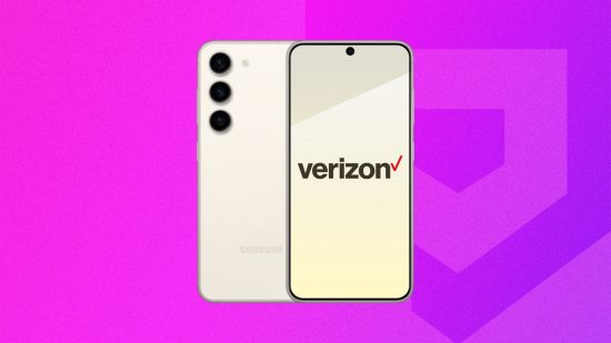 Best Verizon phone deals header showing a Samsung Galaxy S23 twice, once facing us, once screen down, all on a purple background. The phone is white, with its back showing three cameras, and its screen is also white with a Verizon logo on it.