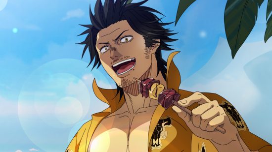 Black Clover M tier list: Yami Sukehiro's beach costume showing him smiling and about to eat a meat skewer while wearing an open Hawaiian shirt.