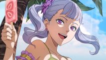 Black Clover M tier list: Noelle's swimsuit variant smiling widely holding a pink ice lolly on the beach