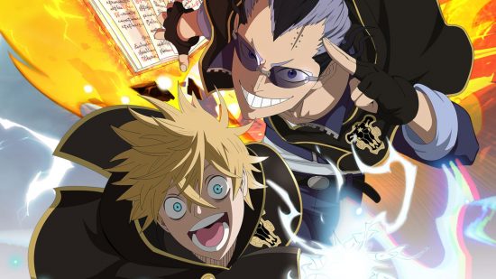 Black Clover M tier list: Official art of Luck and someone else with sunglasses and grey and black hair blasting forward