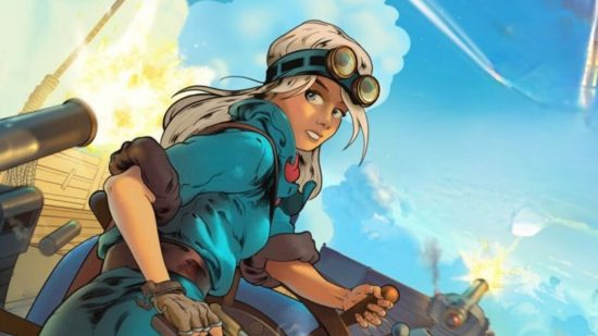 Black Skylands Nintendo Switch header showing a blonde woman with long hair slightlytied up by a pair of goggles on her forehead, a blue top, riding a pirate ship flying through a wide blue sky.