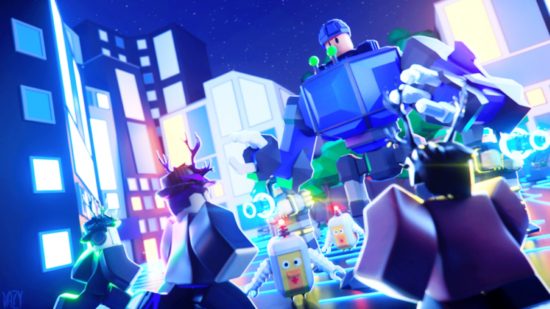 Blox Royale codes - a giant mech and little ducks fighting people in a city