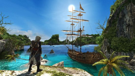 boat games Assassin's Creed Rebel Collection: a pirate looking at his ship in the middle of the sea
