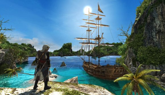 boat games Assassin's Creed Rebel Collection: a pirate looking at his ship in the middle of the sea