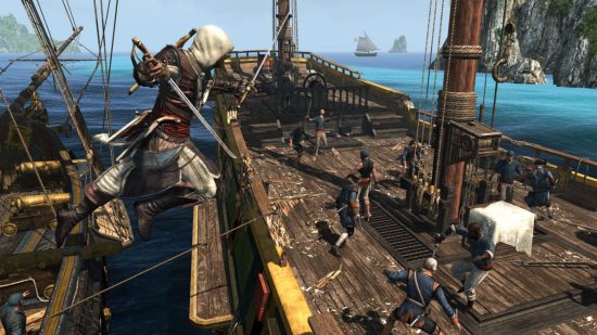 boat games Assassin's Creed Rebel Collection: a character jumping on board another ship