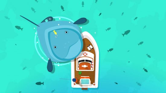 boat games Hooked Inc: a giant, friendly fish jumping over a boat