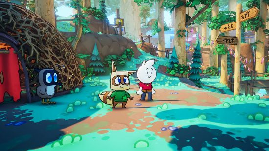 Born of Bread release date: a bread-based character stands in a forest with two animal pals