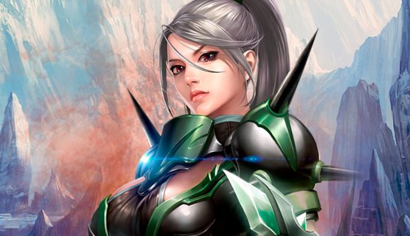 Cabal: Return of Action release date: A white female character with grey hair in a ponytail wearing shiny green and silver armor.