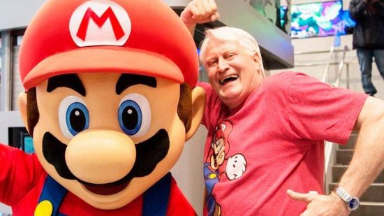 Charles Martinet retires: voice actor Charles Martinet appears next to a person in a Mario costume