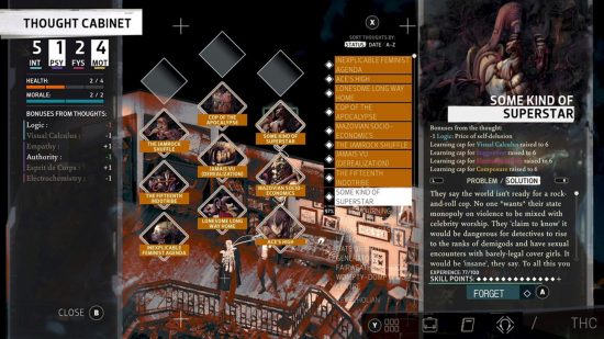 choice games Disco Elysium: the Thought Cabinet with plenty of options and text in Disco Elysium