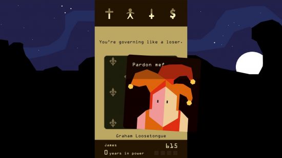 choice games reigns: a card being swiped to the right on a night time background
