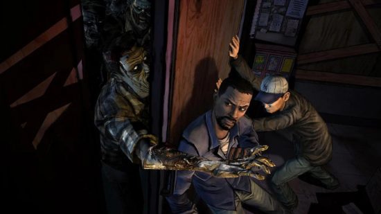 choice games walking dead: a man fighting off zombies behind a door