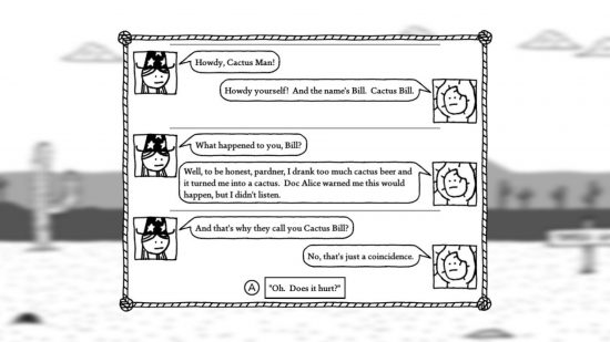 choice games west of loathing: a conversation between two characters in a text box
