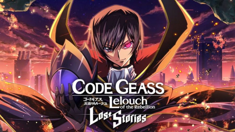 Code Geass: Lost Stories hero image featuring Lelouch removing a mask in a fiery wartorn city