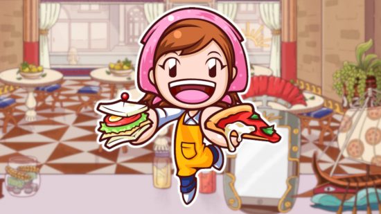 Cooking games: Cooking Mama offering a sandwich in one hand and a slice of pizza in the other. She is pasted on a blurred background from Good Pizza Great Pizza Chapter 5