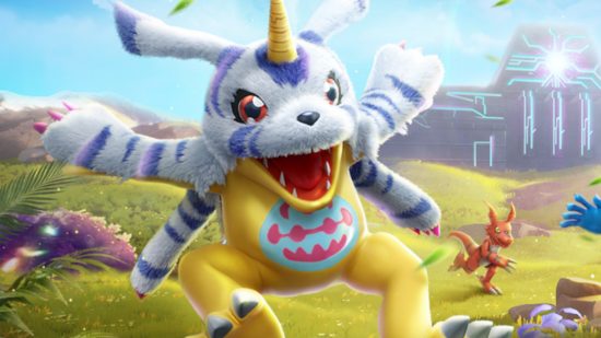 Digimon games - Promotional art for the game featuring a 3D rendered Gabumon, a yellow creature wearing a white and blue striped pelt on its upper half.Promotional art for the game featuring a 3D rendered Gabumon, a yellow creature wearing a white and blue striped pelt on its upper half.
