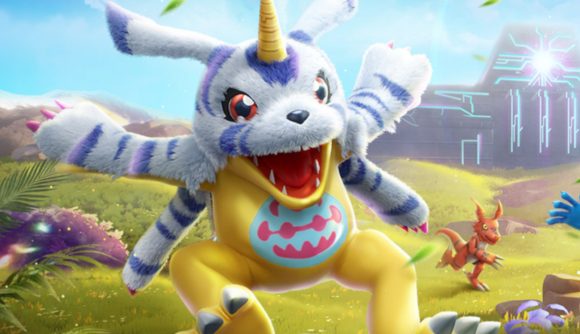 Digimon games - Promotional art for the game featuring a 3D rendered Gabumon, a yellow creature wearing a white and blue striped pelt on its upper half.Promotional art for the game featuring a 3D rendered Gabumon, a yellow creature wearing a white and blue striped pelt on its upper half.