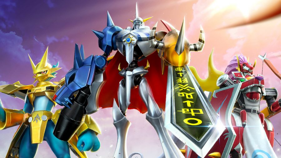 Digimon Source Code header image showing three large mecha Digimon