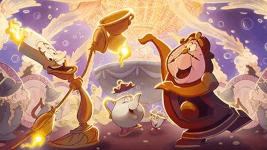 Card art for Be My Guest with Lumiere and Cogsworth dancing for Disney Lorcana app news