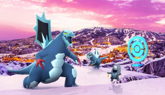 Dragon Pokemon: A Pokemon Go graphic featuring Frigibax, Arctibax, and Baxcalibur on a snowy hill with a Pokestop and a pink sky