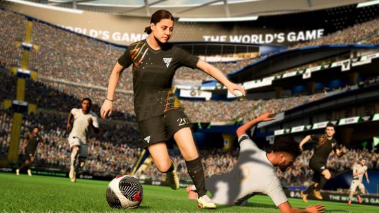 EA FC ratings header showing Sam Kerr running running past a player making a slide tackle in a tall stadium packed to the rafters.