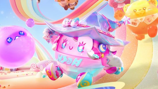 Eggy Party beta: Key art from the candy season in Eggy Party, focusing on an egg dressed like a pink gumball on a rainbow road