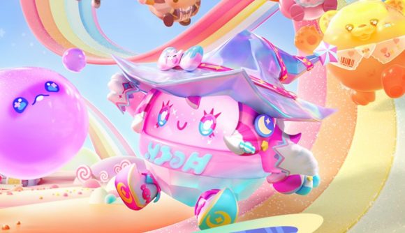 Eggy Party beta: Key art from the candy season in Eggy Party, focusing on an egg dressed like a pink gumball on a rainbow road