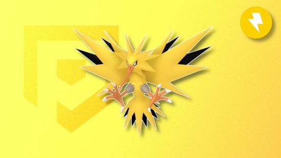 Electric Pokemon: Pokemon Go Zapdos outlined in white and drop shadowed on a light yellow PT background with the Pokemon electric symbol in the top right corner