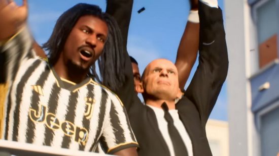 FC 24 career mode header showing two people, one in a suit with both arms aloft, another in a football kit with one arm aloft.