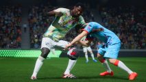Screenshot of an FC 24 lengthy player going in for a tackle against an opponent