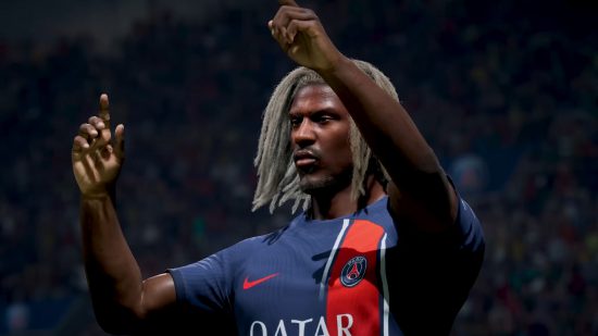 A custom FC 24 player in a PSG shirt celebrating for FC 24 lengthy players guide