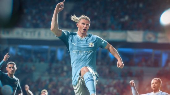 FC 24 points header showing Erling Harland jumping in the air with one fist aloft wearing a blue Man City kit. He has blonde hair tied in a ponytail and is in a football stadium.