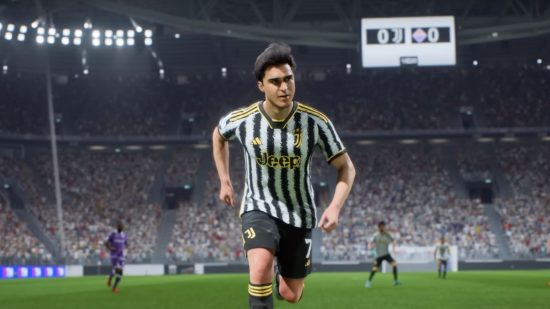 EA Sports FC 24 potential header showing a player with wavy black hair in a black and white striped shirt and black shorts and sock running with the ball on a football pitch in the centre of a large stadium full of people.