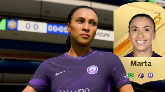 FC 24 ultimate team header showing Marta, Brazilian footballer with black hair wearing a purple shirt, with her gold card next to her showing her name and profile.