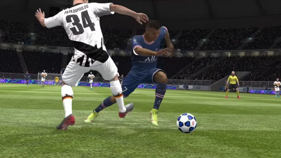 Screenshot of Mbappe taking a ball around someone from FIFA Mobile for FC Mobile