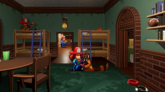 Fireman games: A screenshot from Firegirl showing her in the fire house petting a dog