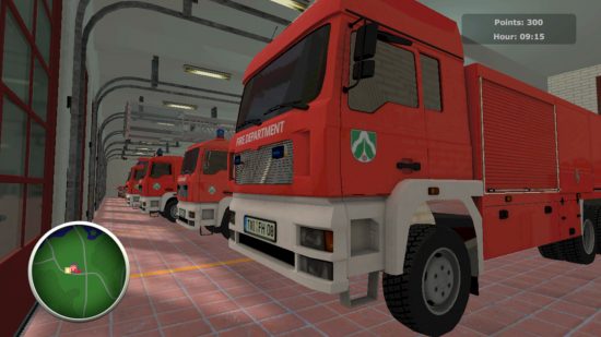 Fireman games: A screenshot from Firefighters The Simulation showing the fire trucks lined up and parked in the fire house