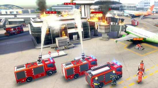 Fireman games: A screenshot from Emergency HQ showing three fire trucks putting out a fire on a burning building