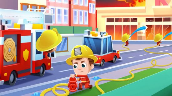 Fireman games: Art from Idle Firefighter Tycoon showing a firefighter connecting a hose to a fire hydrant as cars make their way towards a burning building in the background