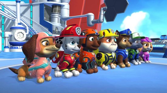 Fireman games: The full cast of pups from the Paw Patrol movie standing in a line