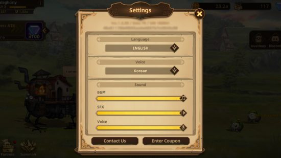 Fortresss Saga codes: A screenshot of the Fortress Saga menu showing the enter coupon button