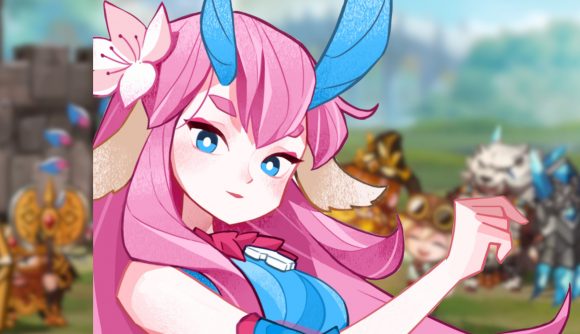 Fortress Saga codes: A pink hairec character with blue bunny ears pasted onto a blurred Fortress Saga background