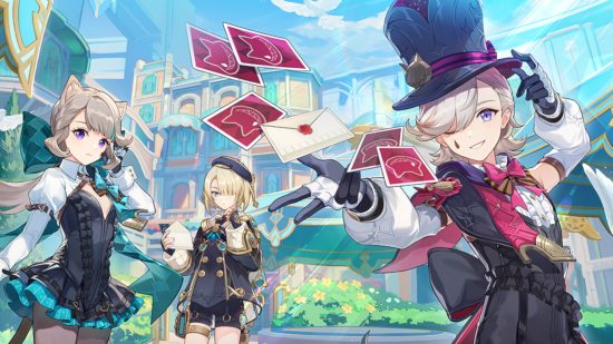 Genshin Impact Fontaine exhibition: Key art of Lyney, Lynette, andd Freminet in Fontaine. Lyney is flourishing playing cardds at the camera and amongst these is an envelope. Freminet is holding an open envelope.