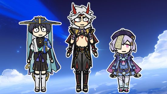 Genshin Impact wish simulator: Wanderer, Itto, and Qiqi doodles from the Silly Wisher app, outlined in white and pasted on the wish shooting star from Genshin