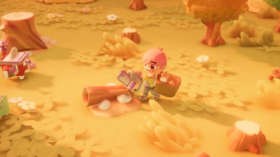Go-Go Town playtest: A screenshot from the game showing a pink-haired chibi character chopping wood in a forest, bathed in autumnal orange light.